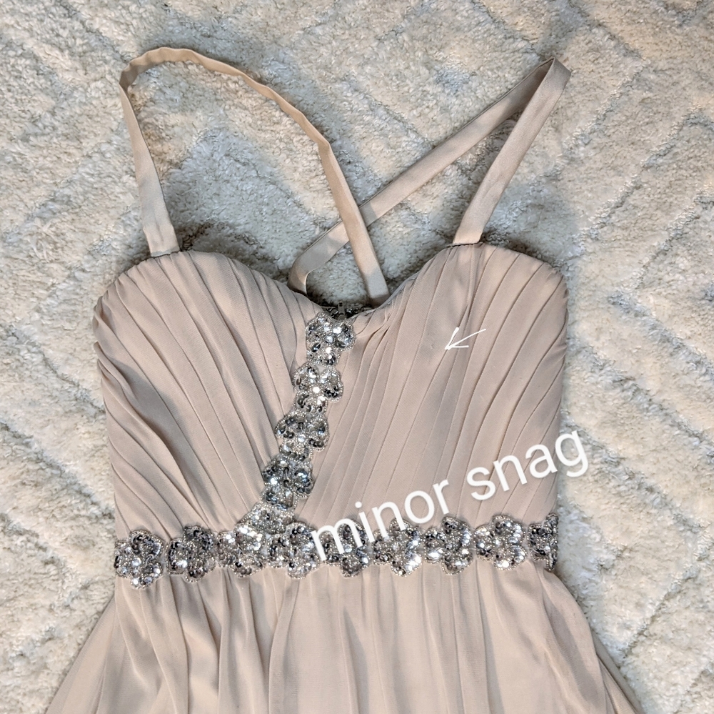 City Triangle Beige Shoulder Strapped Gown w/ Pleated Chest & Side Slit, 7 - Picture 12 of 12